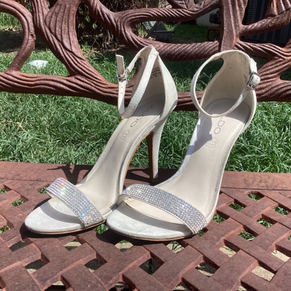 💋Aldo Laniel Silver Rhinestone Open Toe Ankle Strap Heels/Sandals - Picture 7 of 9
